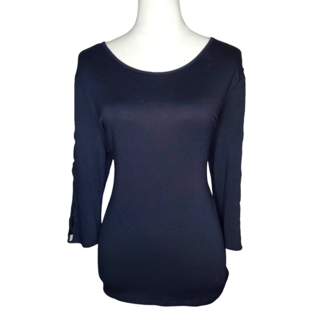 🦋Bobeau Jet Black Scoop Neck Top With Criss Cross 3/4 Length Cut Out Sleeves